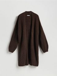 Długi kardigan - ciemnobrązowy. Brązowe swetry Reserved, l, bez wzorów, z dzianiny, bez ramiączek. Za 159.99 zł.