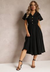 Czarna Retro Sukienka Midi z Plisowaniem i Paskiem na Klamrę Elinerise. Czarne sukienki Renee, l, bez wzorów, retro, bez kołnierzyka, bez ramiączek, midi. W wyprzedaży za 99.99 zł.