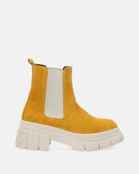 ŻÓŁTE BOTKI Z ZAMSZU 53C0735 YELLOW. Żółte botki Venezia, bez wzorów, ze skóry, bez obcasa, bez zapięcia. Za 229.00 zł.