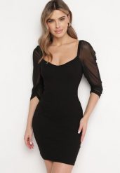 Czarna Bawełniana Dopasowana Sukienka Mini z Przeźroczystymi Rękawami 3/4 Ferdiana. Czarne sukienki Born2be, bez wzorów, z bawełny, eleganckie, bez kołnierzyka, bez ramiączek, mini, dopasowane. W wyprzedaży za 72.24 zł.
