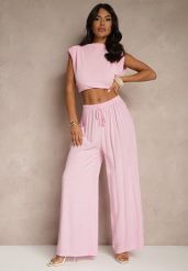Różowe Szerokie Spodnie High Waist z Gumką w Talii Ilnena. Czerwone jeansy Renee, na lato, bez wzorów, z jeansu, biznesowe, z podwyższonym stanem. W wyprzedaży za 63.99 zł.