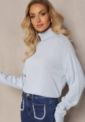 Jasnoniebieski Luźny Golf o Klasycznym Fasonie z Prążkami na Ściągaczach Basum. Niebieskie swetry Renee, m, bez wzorów, z jeansu, eleganckie, bez ramiączek. W wyprzedaży za 63.99 zł.