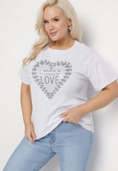 Jasnoszary Bawełniany T-shirt z Cyrkoniami Napisem i Sercem Viltebia. Szare t-shirty Born2be, xl, z aplikacjami, z bawełny, klasyczne, bez kołnierzyka, bez ramiączek. Za 69.99 zł.