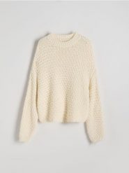 Sweter z grubym splotem - kremowy. Białe swetry Reserved, l, bez wzorów, z dzianiny, bez ramiączek. W wyprzedaży za 119.99 zł.