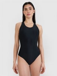 4F Kostium kąpielowy jednoczęściowy damski - czarny XS. Czarne szorty 4f, bez wzorów, z elastanu, eleganckie. W wyprzedaży za 59.99 zł.