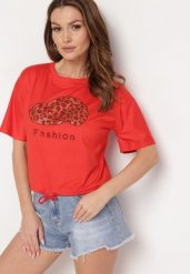 Czerwony T-shirt Ściągany na Dole Troczkiem z Cyrkoniami i Nadrukiem Moasstra. Czerwone t-shirty Born2be, z aplikacjami, z jeansu, bez kołnierzyka, bez ramiączek. Za 79.99 zł.