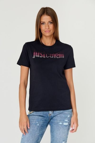 JUST CAVALLI Czarny damski t-shirt R LOGO CRYSTAL, Rozmiar XS. Czarne t-shirty Just Cavalli, s, bez wzorów, z bawełny, bez kołnierzyka, bez ramiączek. W wyprzedaży za 255.99 zł.