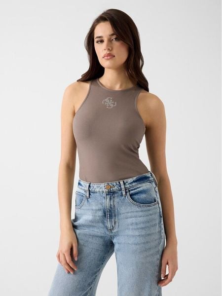 Guess Top W6RP39 KD092 Beżowy ciemny Regular Fit. Brązowe t-shirty Guess, s, z aplikacjami, z syntetyku, bez kołnierzyka, bez ramiączek. Za 154.99 zł.