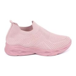 Różowe buty sportowe damskie wsuwane. Czerwone buty treningowe bez wzorów, z materiału, bez zapięcia, trekkingowe. Za 126.76 zł.