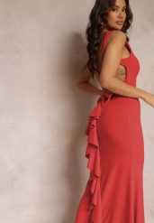 Czerwona Sukienka z Odkrytymi Plecami i Falbanką Euneta. Czerwone sukienki Renee, s, bez wzorów, z materiału, bez kołnierzyka, bez ramiączek, maxi. W wyprzedaży za 76.99 zł.