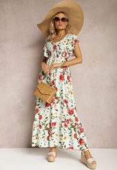 Jasnozielona Wiskozowa Sukienka w Kwiatowy Print Rozkloszowana Maxi Veradisia. Zielone sukienki Renee, na plażę, l, bez wzorów, z wiskozy, bez kołnierzyka, bez ramiączek, maxi, rozkloszowane. W wyprzedaży za 83.99 zł.