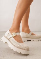 Beżowe Skórzane Półbuty Mary Jane w Stylu Chunky Zdobione Plecionką Morxina. Brązowe półbuty wsuwane Renee, z aplikacjami, z jeansu, retro, bez obcasa. Za 79.99 zł.