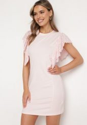 Jasnoróżowa Dopasowana Bawełniana Sukienka z Ażurową Falbanką Belohia. Czerwone sukienki Born2be, na spotkanie biznesowe, m, w ażurowe wzory, z bawełny, eleganckie, bez kołnierzyka, bez ramiączek, mini, dopasowane. Za 89.99 zł.