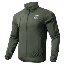 Kurtka z kapturem odblaskowa z kieszeniami na rower. Zielone kurtki do biegania ROCKBROS, l, bez wzorów, z materiału, z kapturem, rowerowe. Za 429.99 zł.