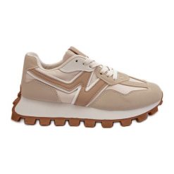 Sneakersy Buty Sportowe Damskie Beżowe Kalelia beżowy. Brązowe buty treningowe bez wzorów, ze skóry, bez zapięcia. Za 203.28 zł.