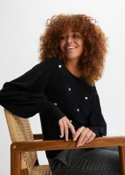 Cienki sweter z mieszanki wiskozy. Czarne swetry bonprix, bez wzorów, z wiskozy, bez ramiączek. Za 112.99 zł.