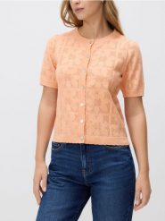 Ażurowy kardigan - jasnopomarańczowy. Brązowe swetry Reserved, l, w ażurowe wzory, z bawełny, bez ramiączek. Za 99.99 zł.