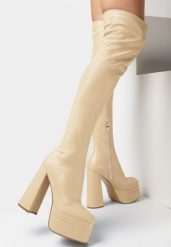 Beżowe Kozaki na Platformie i Słupku Boosah. Brązowe kozaki Born2be, bez wzorów, ze skóry ekologicznej, z okrągłym noskiem, za kolano, bez obcasa, na obcasie, bez zapięcia. Za 139.99 zł.