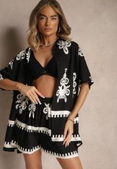 Czarny Komplet z Rustykalnym Wzorem z Szortami i Koszulą Tosnea. Czarne koszule Renee, m, bez wzorów, z materiału, boho, bez kołnierzyka, bez ramiączek. Za 119.99 zł.