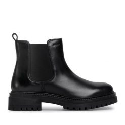 Sztyblety Geox. Czarne botki Geox, bez wzorów, bez obcasa, na płaskiej podeszwie, bez zapięcia. Za 299.99 zł.