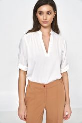 Bluzka z Podwijanym Rękawem - Ecru. Zielone bluzki Nife, l, bez wzorów, z materiału, bez kołnierzyka, bez ramiączek. Za 179.90 zł.