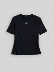 4F Koszulka treningowa slim szybkoschnąca damska - czarna M. Czarne t-shirty sportowe 4f, l, bez wzorów, ze skóry, bez ramiączek, na fitness i siłownię. Za 99.99 zł.