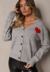 Jasnoszary Rozpinany Kardigan Ozdobiony Sercem Miathia. Szare swetry Renee, bez wzorów, z jeansu, eleganckie, bez ramiączek. W wyprzedaży za 119.99 zł.