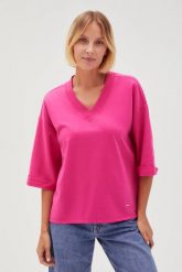 Bluza oversize z dekoltem w serek fuksjowa. Bluzy MOODO, l, bez wzorów, z bawełny, bez kaptura. Za 79.99 zł.