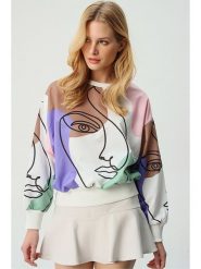 Trend Alacati Bluza w kolorze kremowo-fioletowo-karmelowym rozmiar: L. Brązowe bluzy Trend Alacati, l, bez wzorów, bez ramiączek, bez kaptura. Za 100.75 zł.