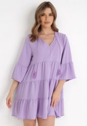 Fioletowa Sukienka Cillitrite. Fioletowe sukienki Born2be, m, w ażurowe wzory, boho, bez kołnierzyka, bez ramiączek, mini, rozkloszowane. Za 129.99 zł.