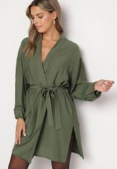 Zielona Wiskozowa Sukienka Kimono z Kieszeniami i Ozdobnymi Ażurowymi Wstawkami Salanora. Zielone sukienki Born2be, na imprezę, l, w ażurowe wzory, z wiskozy, bez kołnierzyka, bez ramiączek, mini. W wyprzedaży za 90.99 zł.