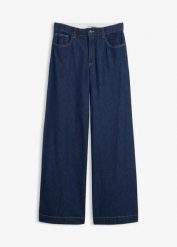Dżinsy z szerokimi nogawkami, high waist. Niebieskie jeansy bonprix, bez wzorów, z jeansu, z podwyższonym stanem. Za 117.99 zł.
