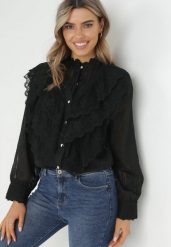 Czarna Koszula z Metaliczną Nitką i Falbanką Ruweyda. Czarne koszule Born2be, m, bez wzorów, z tkaniny, eleganckie, bez kołnierzyka, bez ramiączek. W wyprzedaży za 93.49 zł.