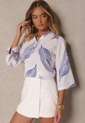 Biało-Niebieska Koszula z Bawełną i Motywem Liści Lumireline. Białe koszule Renee, l, bez wzorów, z bawełny, eleganckie, bez kołnierzyka, bez ramiączek. W wyprzedaży za 63.99 zł.