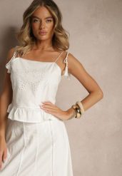 Biała Bluzka z Bawełny z Falbanką Haftami i Frędzlami Milunissa. Białe bluzki Renee, l, bez wzorów, z bawełny, boho, bez kołnierzyka, bez ramiączek. W wyprzedaży za 75.99 zł.