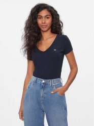 Tommy Jeans T-Shirt Tjw Slim Essential Rib V Ss DW0DW17385 Granatowy Slim Fit. Niebieskie t-shirty Tommy Jeans, xxs, bez wzorów, z bawełny, bez kołnierzyka, bez ramiączek. Za 139.99 zł.