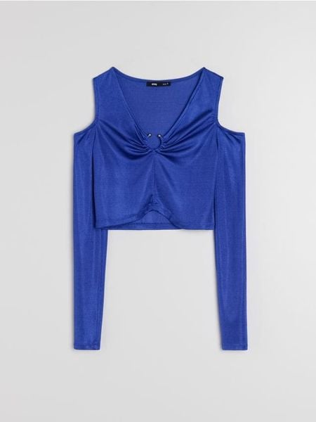 Welurowa bluzka z odkrytymi ramionami i marszczeniem przy dekolcie - niebieski. Niebieskie bluzki Sinsay, l, bez wzorów, z weluru, bez kołnierzyka, bez ramiączek. Za 49.99 zł.