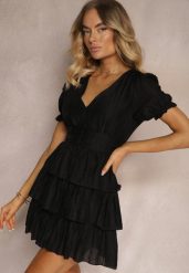 Czarna Rozkloszowana Sukienka Ozdobnymi Falbankami i Bufiastymi Rękawami Felfea. Czarne sukienki Renee, na co dzień, m, bez wzorów, eleganckie, bez kołnierzyka, bez ramiączek, mini, proste. W wyprzedaży za 91.99 zł.