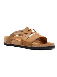 Comfortfusse Skórzane klapki w kolorze jasnobrązowym rozmiar: 35. Brązowe klapki Comfortfüße, bez wzorów, ze skóry, klasyczne, z otwartym noskiem, bez obcasa, bez zapięcia. Za 252.99 zł.