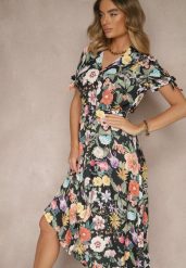 Czarna Koszulowa Sukienka w Kwiaty o Rozkloszowanym Fasonie z Paskiem Fevalirra. Czarne sukienki Renee, na spotkanie biznesowe, m, bez wzorów, eleganckie, bez kołnierzyka, bez ramiączek, maxi, kopertowe. W wyprzedaży za 99.99 zł.