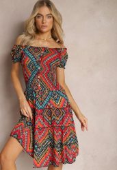 Czerwona Elastyczna Sukienka Boho z Hiszpańskim Dekoltem z Bawełny Solphina. Czerwone sukienki Renee, l, bez wzorów, z bawełny, boho, bez kołnierzyka, bez ramiączek. W wyprzedaży za 43.99 zł.