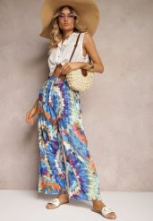 Niebieskie Wiskozowe Spodnie o Szerokim Kroju High Waist Tie Dye z Gumką w Talii Nalflea. Niebieskie jeansy Renee, na lato, bez wzorów, z jeansu, z podwyższonym stanem. W wyprzedaży za 29.99 zł.