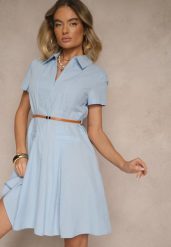 Niebieska Sukienka Koszulowa z Cienkim Paskiem w Talii Weolessa. Niebieskie sukienki Renee, na co dzień, l, bez wzorów, z jeansu, eleganckie, bez kołnierzyka, bez ramiączek, mini, koszulowe. W wyprzedaży za 91.99 zł.