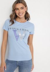 Jasnoniebieski T-shirt z Bawełny Ozdobiony Napisem i Cyrkoniami Raltebis. Niebieskie t-shirty Born2be, m, bez wzorów, z bawełny, klasyczne, bez kołnierzyka, bez ramiączek. Za 49.99 zł.