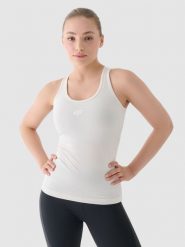 4F Top slim treningowy damski - beżowy S. Brązowe topy sportowe 4f, s, bez wzorów, z dzianiny, na fitness i siłownię. W wyprzedaży za 39.99 zł.