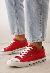Czerwone Klasyczne Trampki do Kostki z Lamówką przy Podeszwie Kasiope. Czerwone trampki Born2be, bez wzorów, z jeansu, klasyczne, bez zapięcia. Za 59.99 zł.
