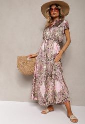 Różowo-Zielona Sukienka Boho o Rozkloszowanym Kroju Ściągana w Talii Dimirrah. Czerwone sukienki Renee, na imprezę, xl, z aplikacjami, boho, bez kołnierzyka, bez ramiączek, maxi, rozkloszowane. W wyprzedaży za 45.49 zł.