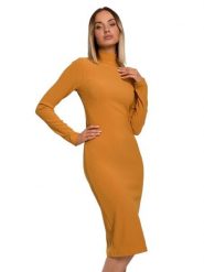 Made of emotion Sukienka w kolorze musztardowym rozmiar: M. Brązowe sukienki Made Of Emotion, m, bez wzorów, prążkowane, bez kołnierzyka, bez ramiączek, maxi. Za 122.38 zł.