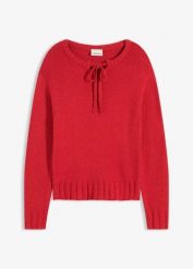 Gruby sweter z wiązaniem przy dekolcie. Czarne swetry bonprix, bez wzorów, bez ramiączek. Za 109.99 zł.