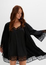 Szlafrok kimono + koszulka nocna (kompl. 2-częściowy). Czarne szlafroki damskie bonprix, bez wzorów, z koronki, bez ramiączek. Za 149.99 zł.